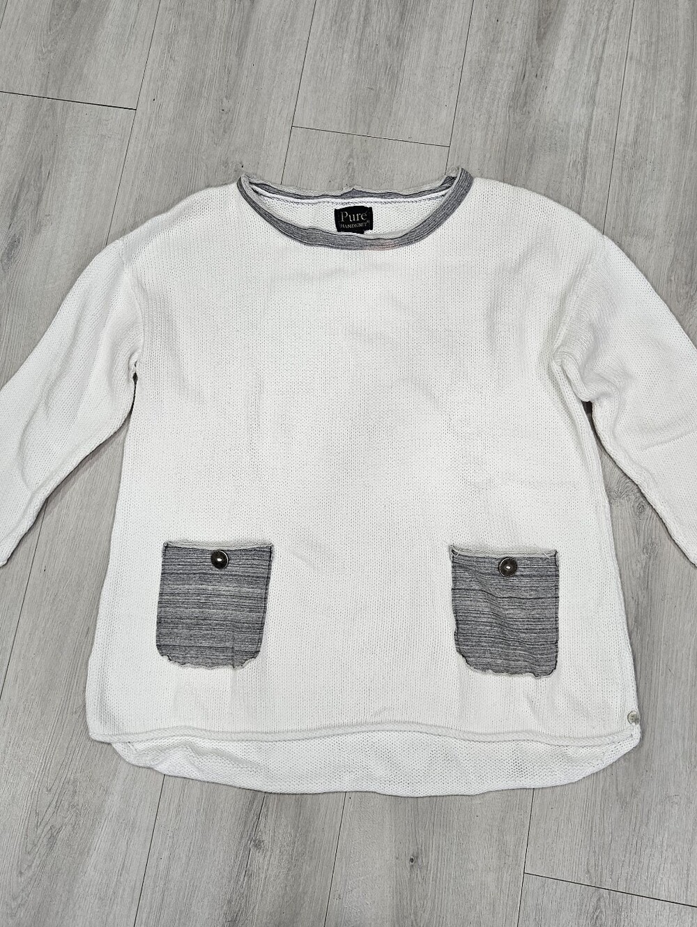 VTG Pure Handknit White Cotton Pullover Sweater Sz S Gray Pockets Rolled Hem